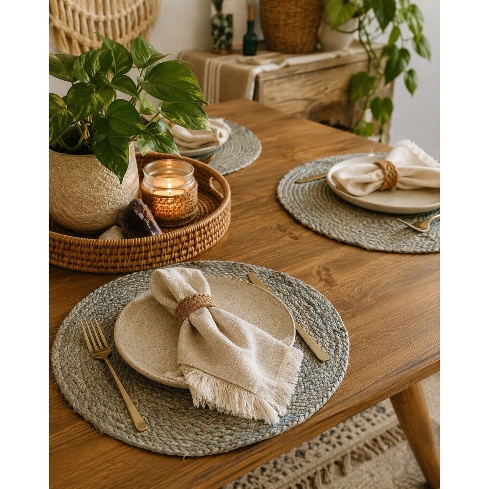 Set of 5 - Braided Jute Placemats   16” Round  Green Country Farm Cabin Natural